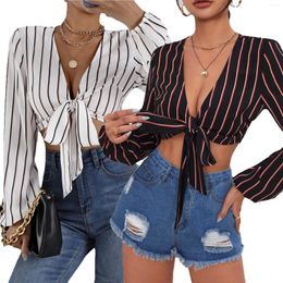 Women's Blouses 2023 Women Shirts Casual Striped Ladies Sexy Deep V-neck Lantern Long Sleeve Slim Blouse Crop Tops