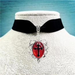 Choker Gothic Vampire Cross Cameo Charm For Women Man Alt-Pagan Witch Jewelry Accessories Black Red Blood Vintage Velvet Necklace