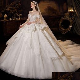 A-Line Wedding Dresses Dubai Arabic Long Sleeve Wed Dress Plus Size Sweetheart Shiny Gown Crystal Lace Beaded Sweep Train Bridal Gowns Otvt0