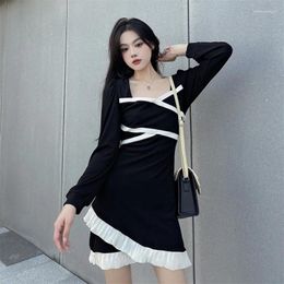 Casual Dresses 2023 Black Velvet Patchwork Collar Midi Dress Women Korean Vintage Hepburn Autumn Witner Elegant Luxury Night