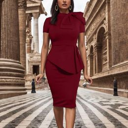 Casual Dresses 2023 Elegant Party Dress Prom Bow O Neck Short Sleeve Slim Midi Lady Bodycon Office Work For Women Clothing