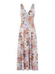 Casual Dresses Wsevypo Women's Floral Print Tank Dress Summer Elegant Sleeveless V-neck High Waist A-Line Midi Backless Beach Sundress