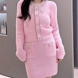 Women's Two Piece Pants Elegant Pink Knitted Suit 23 Autumn Winter High Quality Beaded Bow Cardigan Top Hip Skirt Sweet 2 Piece Set 231108