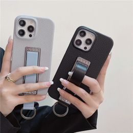 Finger Ring Holder Lychee Print Vogue Phone Case for iPhone 14 13 12 11 Pro Max Durable Wristband Strap Solid Leather Back Cover Shockproof