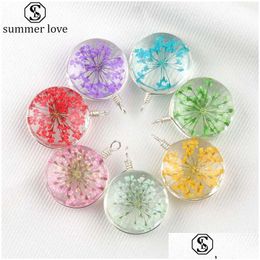 Charms Trendy Handmade Dried Flowers Pendant Sier Charm For Necklace Diy Highgrade Colorf Glass Hoop Accessories Jewellery 0T