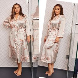 Women's Sleepwear XL-5XL V-Neck Bathrobe Gown Print Womens Satin Kimono Robe Long Sleeve Summer Casual Loose Loungewear Home Clothes