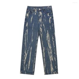 Men's Jeans Graffiti Tie Dyeing Man Straight Loose Pockets Full Length Denim Casual Pants High Street