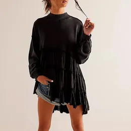 Casual Dresses Women Pleated Mini Dress Loose Fit Patchwork Long Sleeve Flowy Short Two Pieces Like Drop Shoulder Outfits