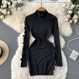 Casual Dresses Turtleneck Mini Bodycon Dress Women Fashion Streetwear Sexy Lace-up Hollow Out Club Party Long Sleeve Skinny Black