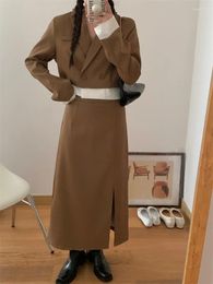 Work Dresses Autumn Two Piece Set Women Skirt Korean Fashion Long Sleeve Suit Jacket Crop Top And Vintage Midi 2 Outfits 2023