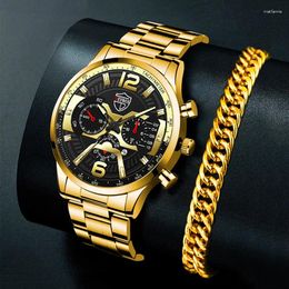 Wristwatches Fashion Mens Business Watches Luxury Male Stainless Steel Analogue Quartz Wristwatch Men Calendar Watch Bracelet Set Reloj Hombre