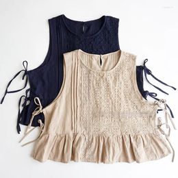 Women's Vests Linen Cotton Outerwear Embroidered Lace Up Pleated Sleeveless Summer Japanese Vintage Art Niche Design Vest