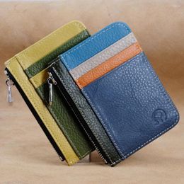 Card Holders Top Layer Cowhide Truck Bag Driver's ID Women's Zipper Zero Wallet Bank Clip Youth Colour Contrast