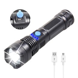 New LED Strong Light USB Charging Telescopic Zoom Long Range Outdoor Flashlight Battery Display Home Flashlight