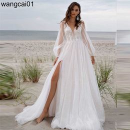 Party Dresses Bohian V-neck Tul Wedding Dress Long Puff Seves High Slide Appliques Bridal Gown Custom Made For Women Robe De Mariage 0408H23