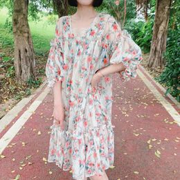 Casual Dresses Fragmented Snow Bohemian Asian Wind Lantern Sleeves Loose And Versatile Ruffled V-Neck Mid Length Summer Women's Dress