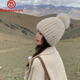 Beanie/Skull Caps Real Mink Fur Hat For Women Brand Thicken Female Fur Caps Ladies Winter Knitted Mink Fur Beanies With Fox Fur Pompoms Hat 231108