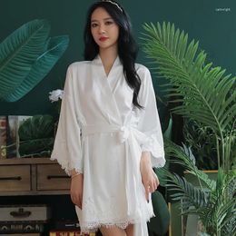 Women's Sleepwear Satin Lace Kimono Gown Sexy White Bride Robe Women Summer Vintage Bathrobe V-neck Intimate Home Dress Pajamas Cami Lounge