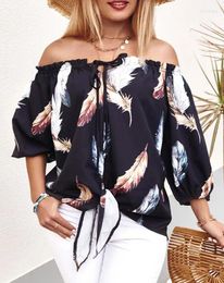 Women's T Shirts Fashion Top Women Blouses Shirt 2023 Clothing Feather Print Tied Detail Off Shoulder Vacation T-Shirts Pullover Tops