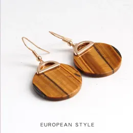 Dangle Earrings Light Yellow Gold Color Round Natural Tiger Eye Stone For Women Fashion Jewelry