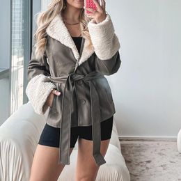 Women's Jackets 2023 Fashion Faux Leather Jacket Classic Long Sleeve Button Down Belted Coat Outwear With Fur Collar Winter Clothes