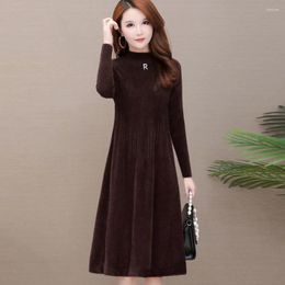 Casual Dresses Imitation Mink Fleece Thicken Warm Pullover Women 2023 O-Neck Solid Color Bottom Dress Simple Style Loose
