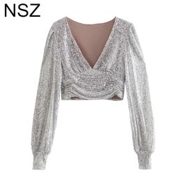 Women's Blouses & Shirts NSZ Women Elegant Chic Shiny Sequins Blouse Long Sleeve Deep V Neck Sexy Ladies Party Night Club Cropped Top Shirt