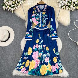 Casual Dresses Fashion Runway Vintage Shirt Dress Spring Autumn Women Long Sleeve Flower Pattern Office Lady Work Midi Dress Vestidos 2023