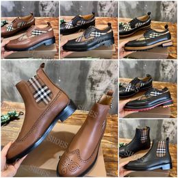 Botas de grife masculinas botas vintage verificação sapatos painel couro de bezerro derby sapatos xadrez costura listra lazer chelsea botas