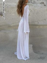 Casual Dresses See Shrough Backlesss Beach Dress Elegant White Knit Long Sleeve Maxi Holiday Sexy Open Back Club Summer Party Robe