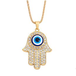 Pendant Necklaces 2021 Fatima Hand Necklace For Women Turkey Evil Blue Eyes Crystal Sweater Chain Alloy Gold Plated Dhu0M