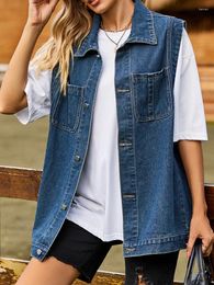 Women's Vests Benuynffy Oversized Mid Long Denim Vest Spring Fall Single Breasted Pocket Casual Loose Sleeveless Jean Jackets 2023