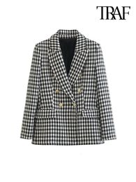 Women s Suits Blazers TRAF Women Fashion Double Breasted Houndstooth Blazer Coat Vintage Long Sleeve Flap Pockets Female Outerwear Chic Vestes 230407