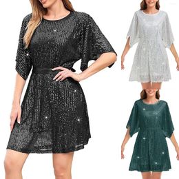 Casual Dresses 2023 Women Short Sleeve Sequined Party Dress Lace Up Waist Slim Cocktail Plus Size Eveing Banquet Gown Vestido