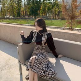 Work Dresses Strap Check Sets Vintage Fashion Suits Fishtail Puff Long Sleeve Turtleneck Black Sweater Plaid Sleeveless Dress 2PCS