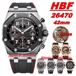 HBF Watches 26470 Stainless Steel 42mm A3126 Selfwinding Chronograph Autoamtic Mens Watch Sapphire Black Dial Rubber Strap Gents Wristwatches