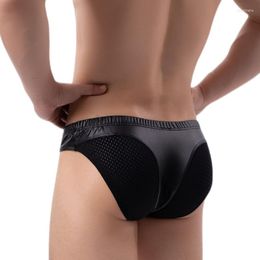Underpants Patchwork Sexy Men Underwear Briefs Cuecas Calzoncillos Mesh Breathable Ropa Interior Hombre Imitation Leather