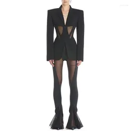 Women's Two Piece Pants Designed Sexy See Through Gauze Patchwork Lady High Street Suit Fitted Notched Long Sleeve Blazer Flared Women 2Pcs