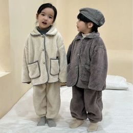 Pyjamas Children Flannel Pyjamas Kid Boy Autumn Winter Plus Velvet Thicken Homewear Tops Pants 2pcs Girl Baby Loose Warm Shirt Suit 231108