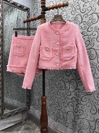 Women's Tracksuits High Quality Tweed Wool Sets 2023 Autumn Winter Short Ladies Pocket Deco Long Sleeve Coat Jacket Suits