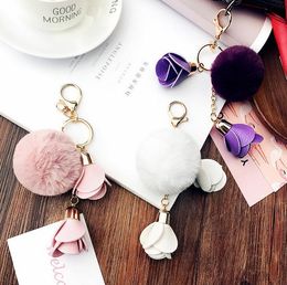 Keychains Flower Fur Pompom Keychain Pom Leather Key Chain Pompon Porte Clef For Bag Charms Ring Llaveros Sleutelhanger