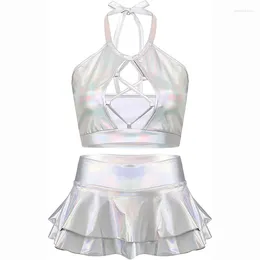 Work Dresses Sexy Hollow Out Laser Holographic Two Piece Set Festival Outfit For Women Night Club Cut Backless Crop Top Woman Skirt Sets