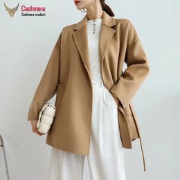 Women's Wool Blends Water Ripple Wool Coat Women Autumn Cashmere Coat Female Mid-length Black Coat Loose Lace Beige Coat Camel Fashion Casual Coat 231108