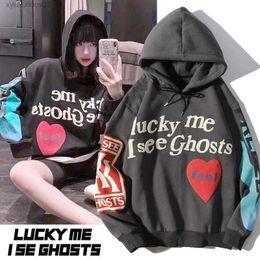 Men's Hoodies Sweatshirts 2023 Graffiti Letter Printed Men Lucky Me i See Ghosts Mens Punk Hooded Fleece Hip Hop Streetwear Harajuku