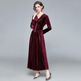 Casual Dresses Fall 2023 Winter Long For Women V-Neck Wine Red Velvet Dress Vintage Plus Size Maxi Party Vestidos