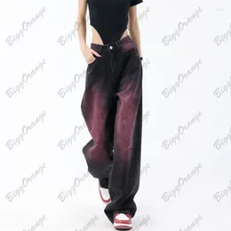 Women's Jeans High Street Graffiti Wash Water Purple Gradient For Men And Women Autumn Retro Small Straight Leg Wide Pants Y2k