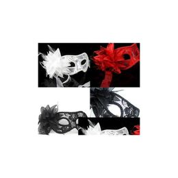 Party Masks New Y Black White Red Women Feathered Venetian Masquerade For A Masked Ball Lace Flower 3Colors Drop Delivery Home Garde Dhvlh