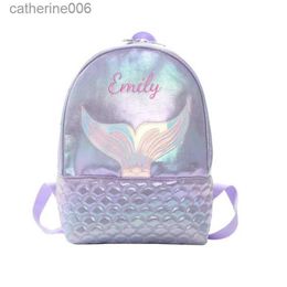 Backpacks Personalized Embroidered Ombre Classic Backpack Mermaid Tail Fish Scale Embroidered Zipper PU Preppy Children's Day Gift BagsL231108