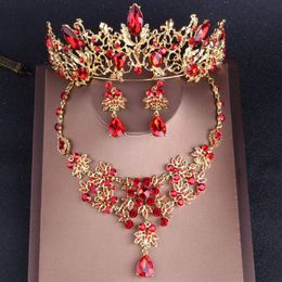 Baroque Vintage Gold Red Crystal Bridal Jewellery Sets Rhinestone Tiaras Crown Choker Necklace Earrings Set Wedding Accessories226J
