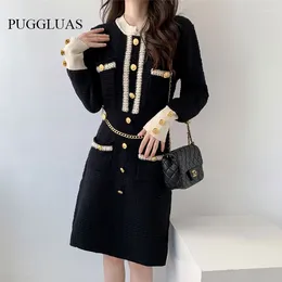 Casual Dresses Autumn Korea Knitted Black Dress French Elegant O Neck Chain Long Sleeve Button Gentle One Piece Knee-Length Party